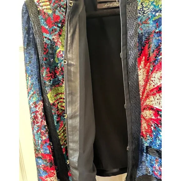 Roberto Cavalli multicolor rainbow sequin beaded black silk leather jacket IT46